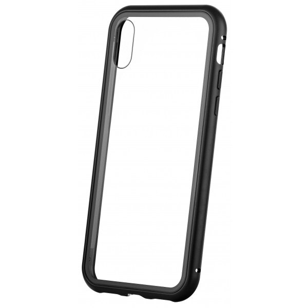 Husa magnetica cu sticla pe spate si rama metalica iPhone Xs Max, Clear/Black