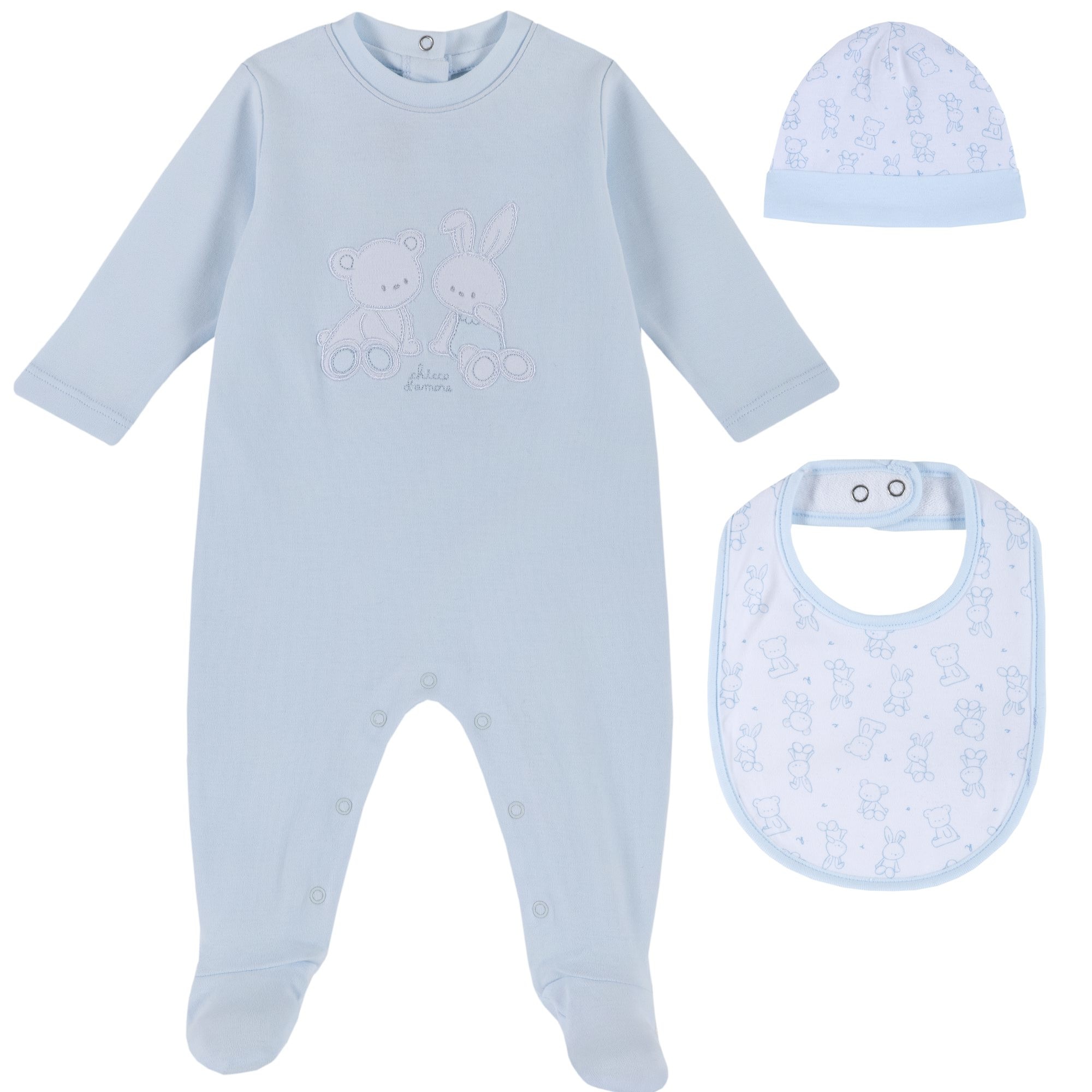 Set cadou fashion Chicco, salopeta, caciula si baveta, albastru cu roz, 56