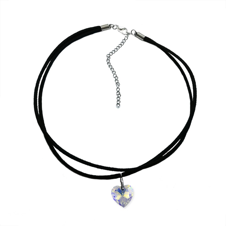Choker dama, Olimon MDM, Velur, cu cristal Swarovski® Heart, Negru/Transparent