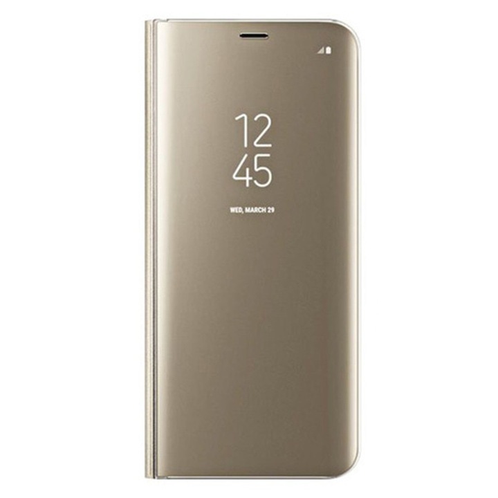 Калъф Flip Stand Clear View Mirror, съвместим с Samsung Galaxy A8 (2018) A730 Gold