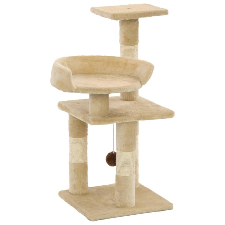 Ansamblu de joaca pentru pisici, vidaXL, Plus, cu platou de joaca si stalpi cu funie de sisal, Bej, 65 cm