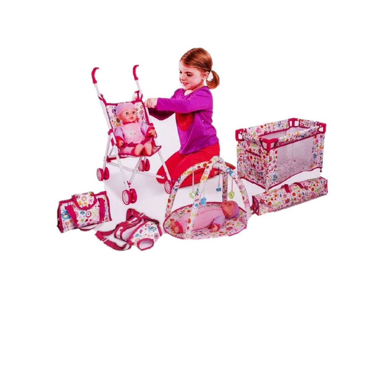 Set joaca Bebelus cu patut, carucior, suport bebe, covoras, geanta