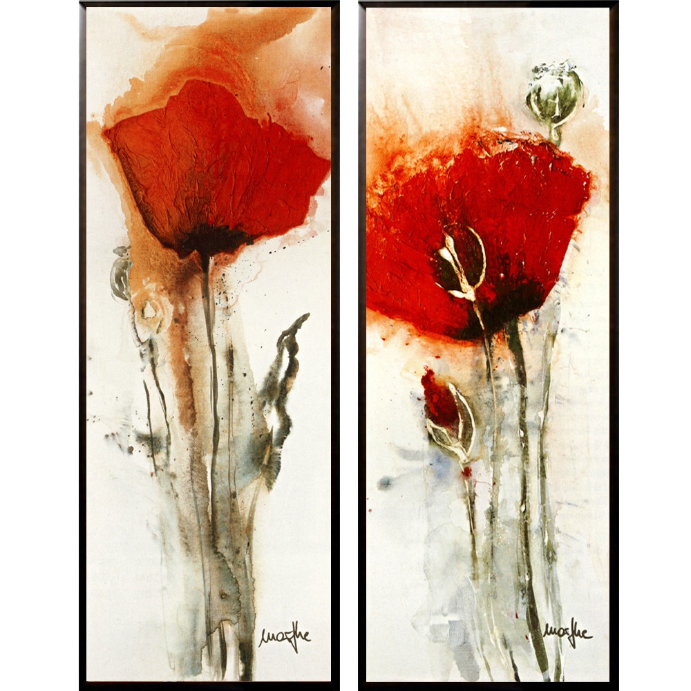 Set de doua tablouri pe suport de lemn maci rosii Poppies I si II, 32 x 40 cm
