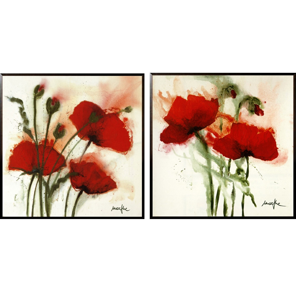 Set de doua tablouri pe suport de lemn maci rosii Poppies in the Wind I si II, 62 x 31 cm
