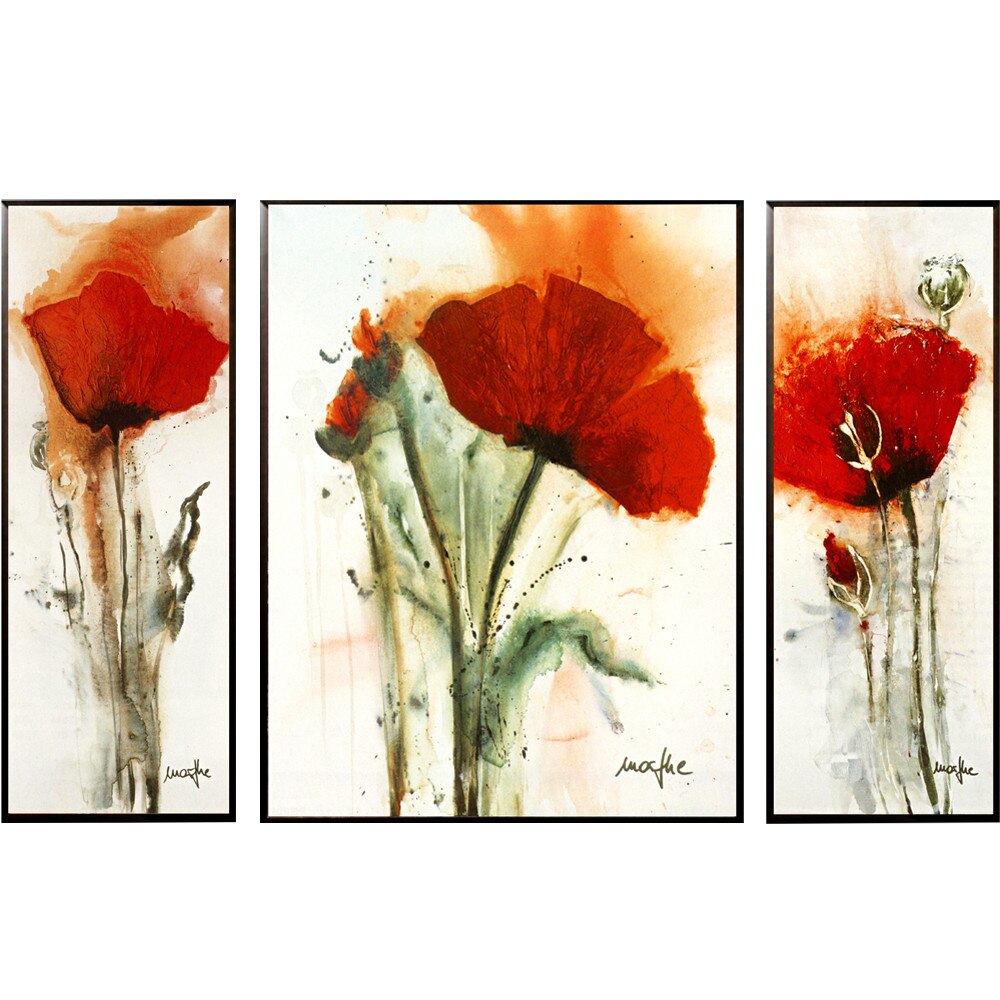 Set de trei tablouri pe suport de lemn maci rosii Poppies, 82 x 52 cm