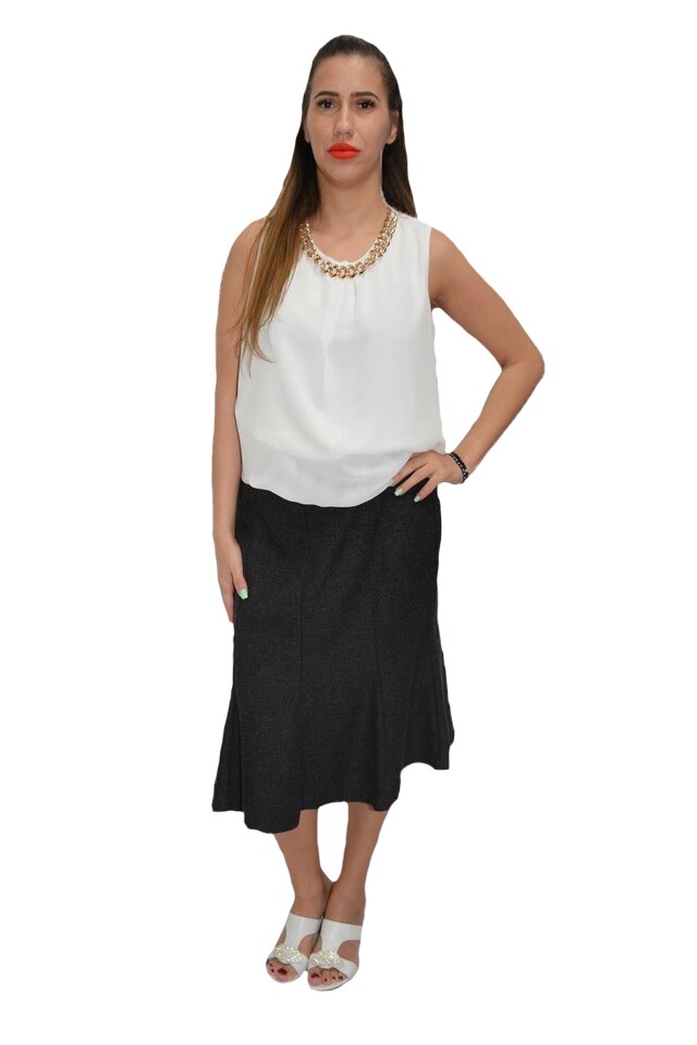 Fusta de zi, cu insertie de piele ecologica , croi evazat, D&J Exclusive, Gri