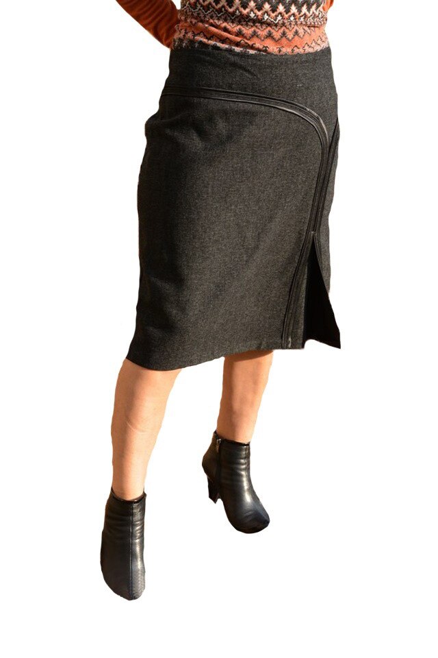 Fusta conica, cu model suprapus, D&J Exclusive, Gri inchis