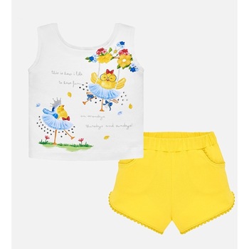 Set pantaloni scurti si tricou desen bebe fetita, Alb/Galben, 92 CM Set pantaloni scurti si tricou desen bebe fetita, Alb/Galben, 92 CM