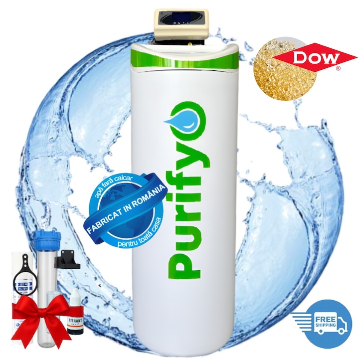 Statie de dedurizare 5- 8 pers., Dedurizator apa profesional 26 L pentru indepartarea calcarului, Purifyo®, Reduce duritatea apei de la 55°dH, Reglaj duritate finala, 2.6m3, Rasina DOW- 10 ani de utilizare, Dedurizare apa fantana, municipala, 106x46x26 cm
