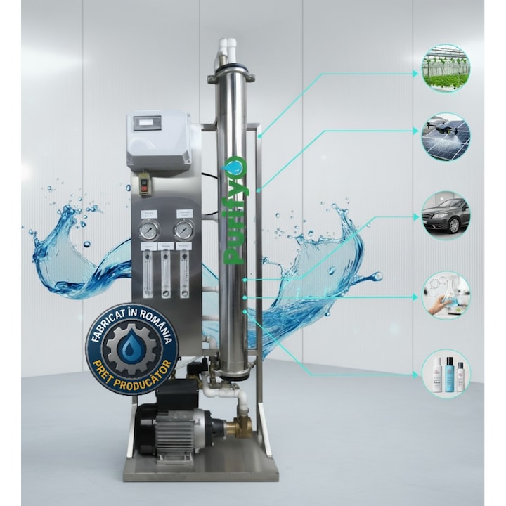 Sistem Osmoza Inversa Industriala- 250L/H apa, Purifyo®, Demineralizare Industriala, Functionare Automata, Sistem de control cu ​​microprocesor, Monitor conductivitate, Functie de recirculare a apei, Sistem preasamblat, 25 X 55 X 110 cm, Inox