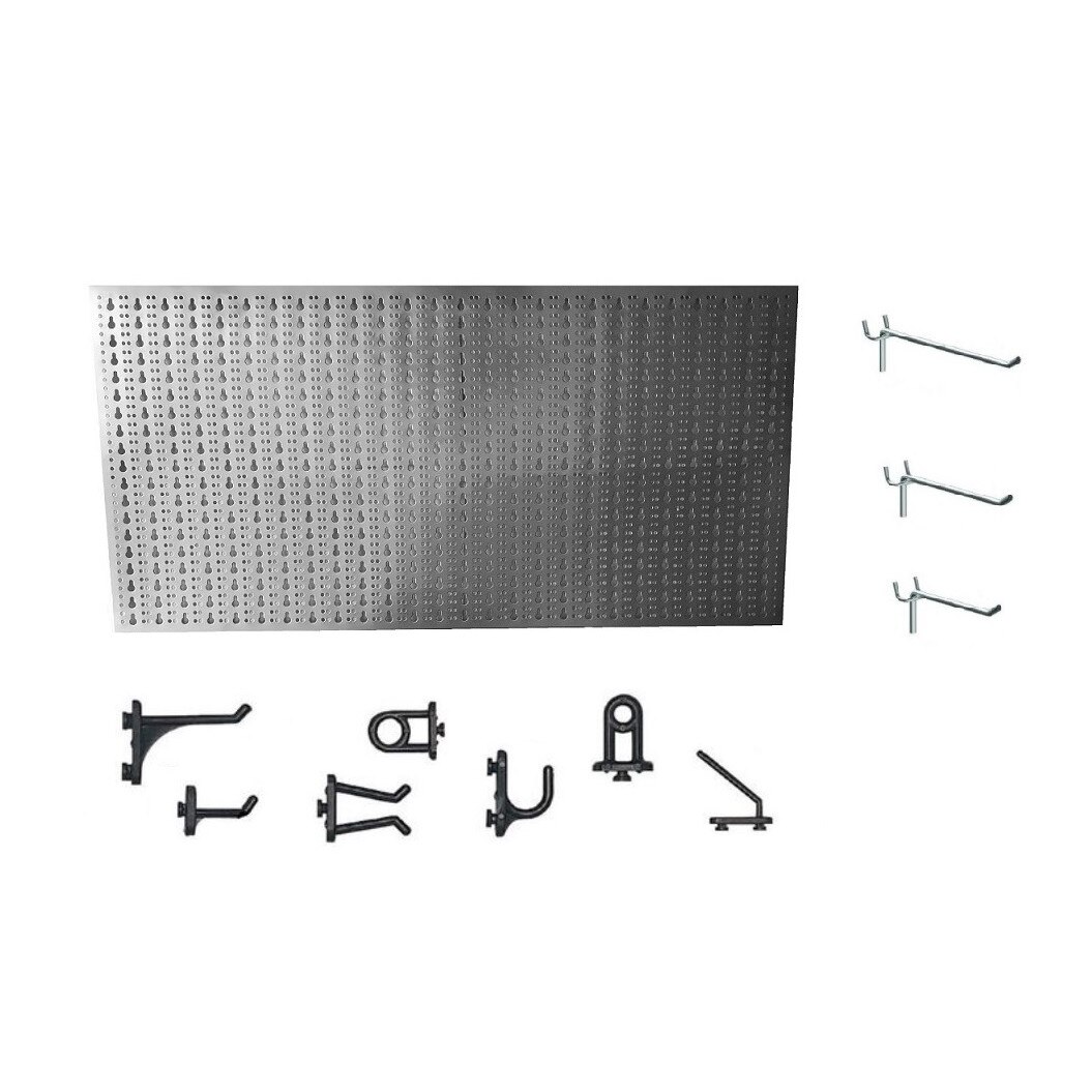 Panou perforat orizontal din INOX, 1000x500mm cu set 65 carlige metalice