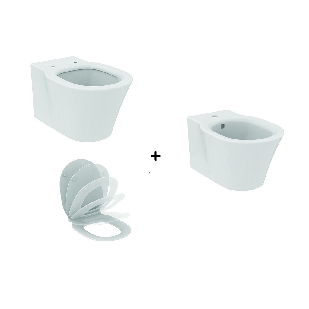 Set vas de toaleta suspendat Ideal Standard Connect Air Aquablade, bideu suspendat si capac subtire, inchidere lenta