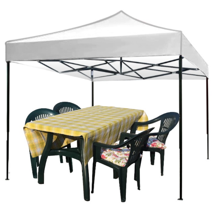 Cort pavilion pliabil CULINARO 3x3m otel cu panza impermeabila alba cu set masa cu 4 scaune,4 perne,fata de masa