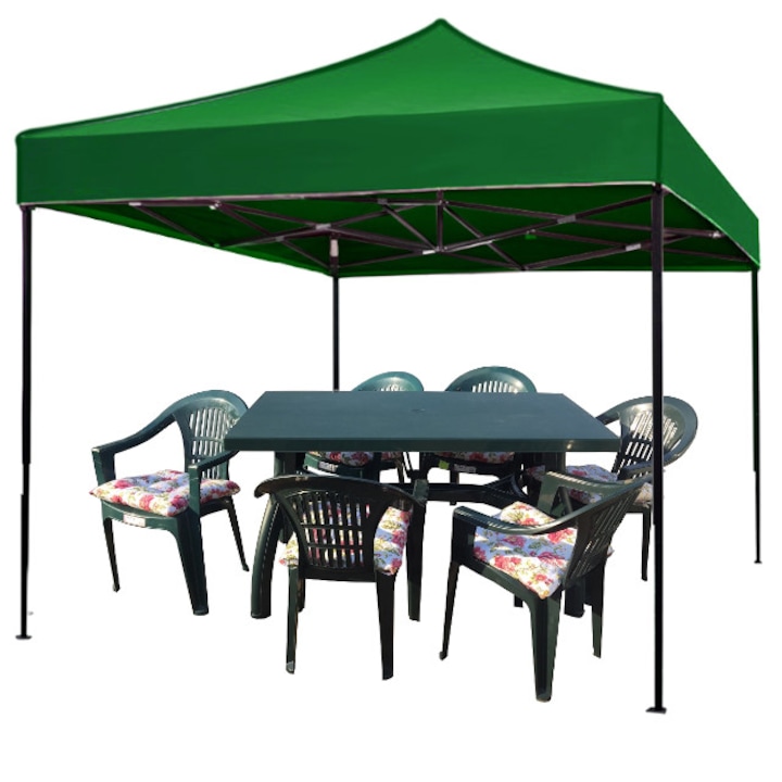 Culinaro Flag összecsukható pavilon sátor 3x3m, zöld, vízálló, asztal 6 férőhelyes, 6 székkel