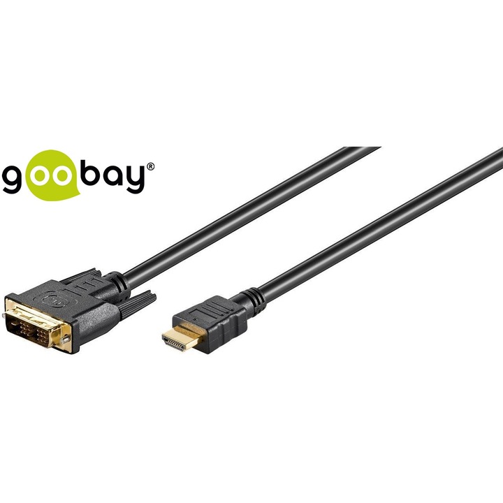 DVI-D / HDMI ™ кабел, позлатен GOOBAY, DVI-D мъжка единична връзка (18 + 1 щифт)> HDMI ™ мъжка (тип A),5.0m, Черен