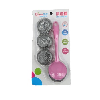 Set perie cu maner,4 bureti inox, roz Set perie cu maner,4 bureti inox, roz