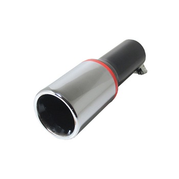 Ornament toba din inox , cromat , rotund , lung , cu o banda rosie , pentru teava de esapament Ornament toba din inox , cromat , rotund , lung , cu o banda rosie , pentru teava de esapament