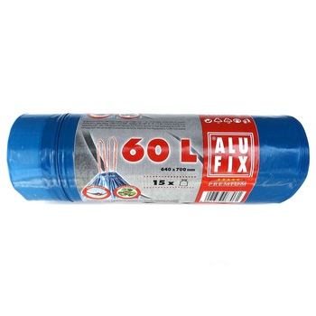 Saci menajeri Alufix cu banda, 15 buc, albastri, 60L, 70 x 64 cm, din LDPE Saci menajeri Alufix cu banda, 15 buc, albastri, 60L, 70 x 64 cm, din LDPE