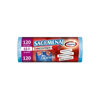 Saci menajeri Misavan, 15 buc, albastri cu manere, 120L, din Polietilena LDPE Saci menajeri Misavan, 15 buc, albastri cu manere, 120L, din Polietilena LDPE