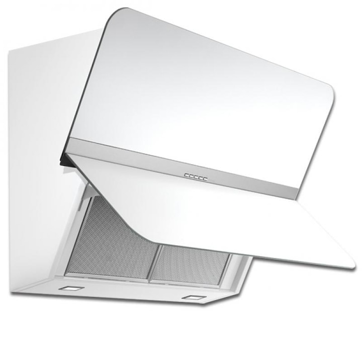 Hota decorativa Best Strip 90 cm, putere de absorbtie 705 mc/h, 1 motor, 4 trepte de viteza, Sticla Alba/Inox