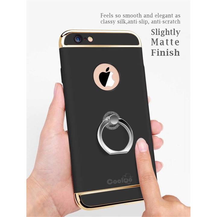 Защитен калъф за iPhone 6/6S Луксозно черно покритие с поддържащ пръстен