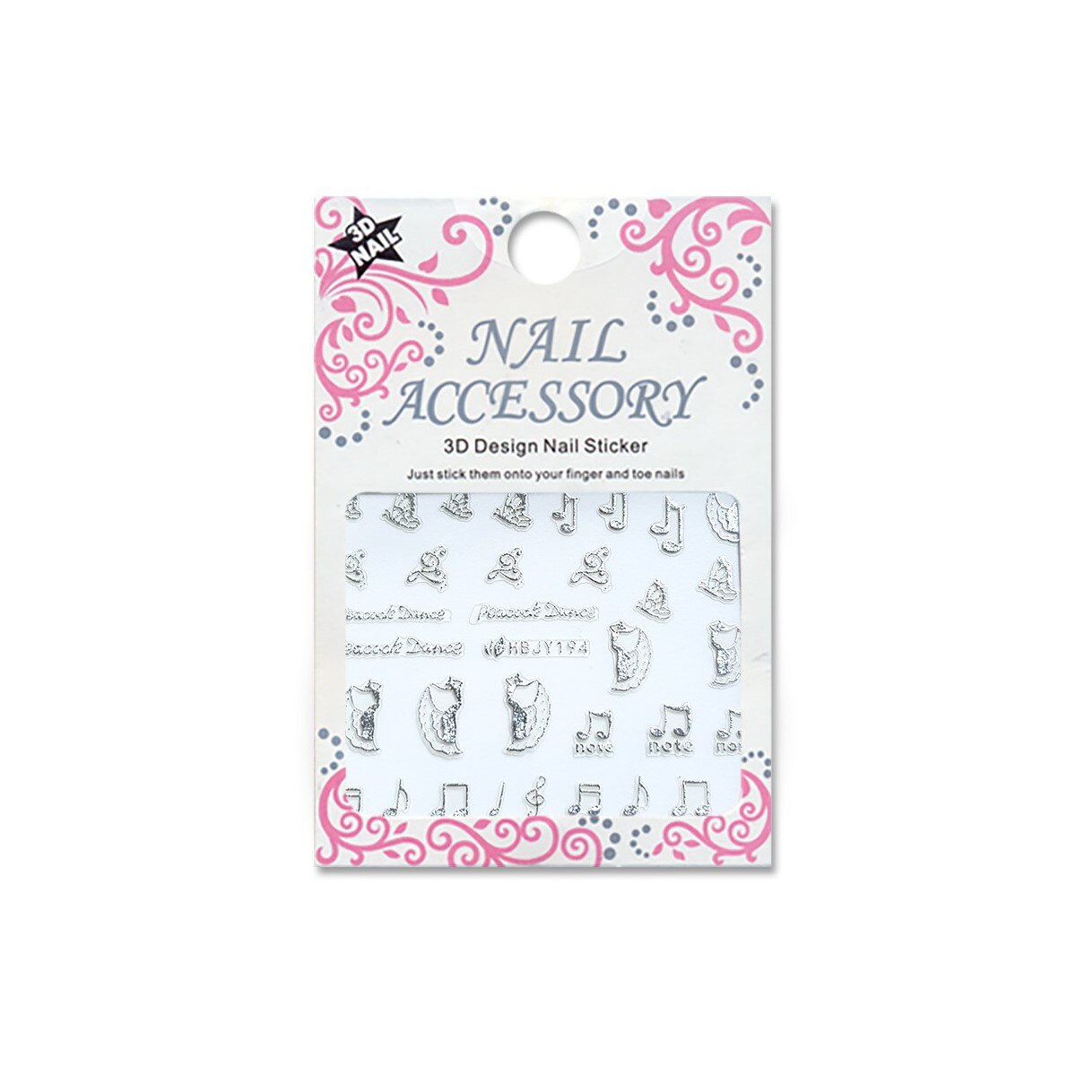 Decoratiuni cu efect acrilic 3D, MoonbasaNails, HBJY194-S, Model muzica, Argintiu