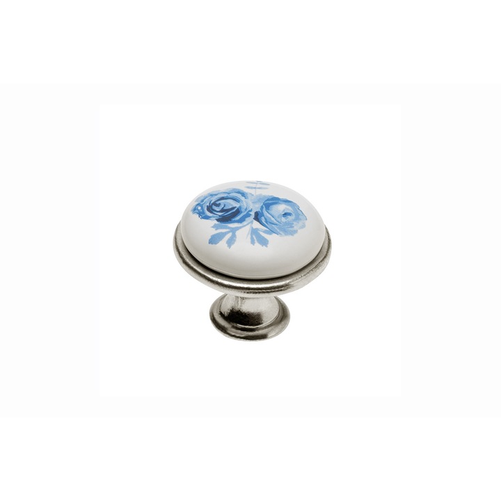 Buton antichizat portelan Blue Rose argintiu