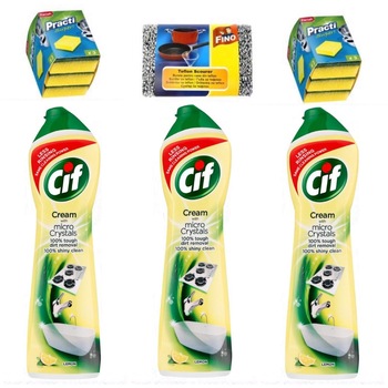 Pachet 3 bucati Solutie Universala Cif Lemon, 500 ml + 2 bucati Burete vase Practi 3bucati/set + 1 x Burete teflon Pachet 3 bucati Solutie Universala Cif Lemon, 500 ml + 2 bucati Burete vase Practi 3bucati/set + 1 x Burete teflon