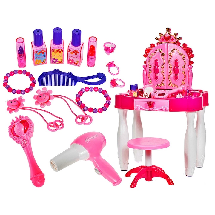 Masuta de Make-Up pentru Fetite, Melodii Mp3, cu Lumini si Sunete, Include Scaunel si Uscator de Par, Multiple Accesorii pentru Joaca 42 x 28 x 68 cm, Roz