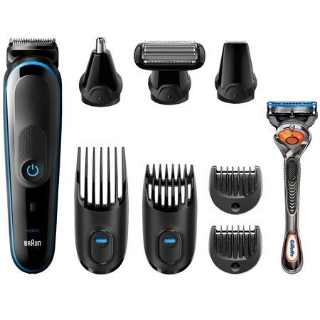 Aparat de ras si tuns Braun MGK5080, 9-in-1, Tehnologie AutoSensing, 4 piepteni, 3 accesorii, aparat Gillette Flexball, Acumulator, Negru/Albastru