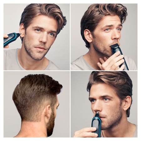 Aparat de ras si tuns Braun MGK5080, 9-in-1, Tehnologie AutoSensing, 4 piepteni, 3 accesorii, aparat Gillette Flexball, Acumulator, Negru/Albastru