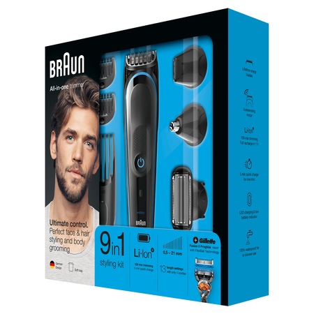 Aparat de ras si tuns Braun MGK5080, 9-in-1, Tehnologie AutoSensing, 4 piepteni, 3 accesorii, aparat Gillette Flexball, Acumulator, Negru/Albastru