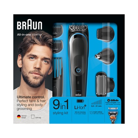 Aparat de ras si tuns Braun MGK5080, 9-in-1, Tehnologie AutoSensing, 4 piepteni, 3 accesorii, aparat Gillette Flexball, Acumulator, Negru/Albastru