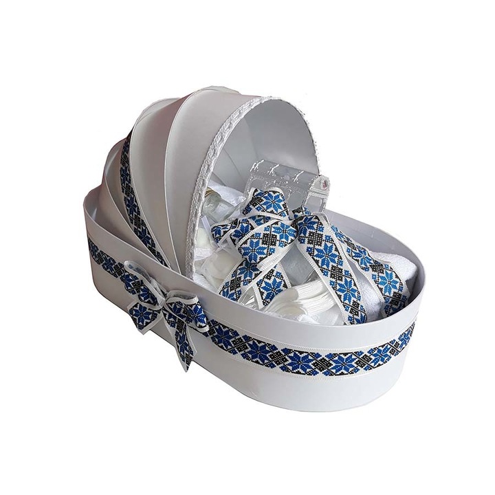 Trusou botez landou traditional albastru si prosop personalizat, 9 piese Creativ528