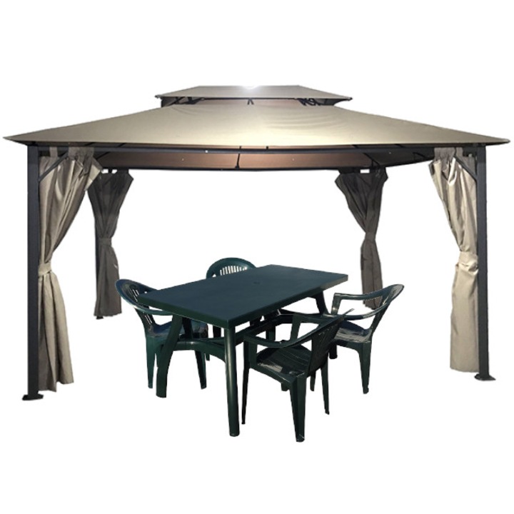 Culinaro Pavilion, 3x4 kerti sátor váz alumínium oldalfalak szürke, terített asztal 4 székkel