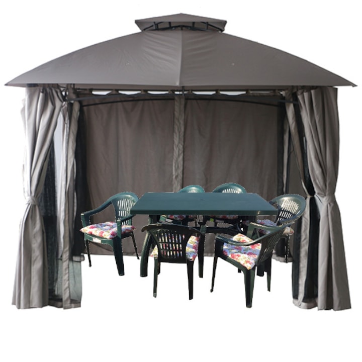 Culinaro Pavilion, 3x3 kerti sátor ,szürke, oldalfalakkal asztal 6 férőhelyes, 6 székkel