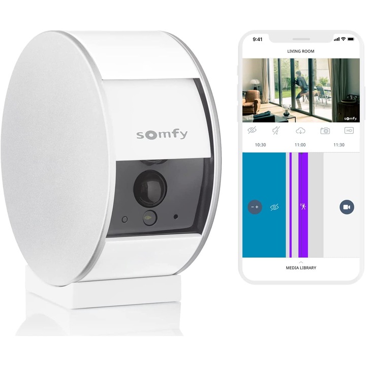 Camera supraveghere video de interior, Somfy Protect, cu obturator motorizat pentru protejarea vietii private, detector de miscare si instalare si control prin aplicatia dedicata de mobil, Full HD 1080p, 3 MP, difuzor si microfon incorporate