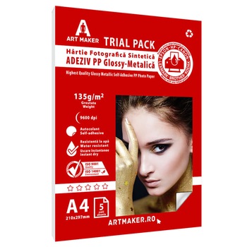 Hartie sintetica PP Autoadeziva Glossy-Metalica, A4, 5 coli, Waterproof Hartie sintetica PP Autoadeziva Glossy-Metalica, A4, 5 coli, Waterproof