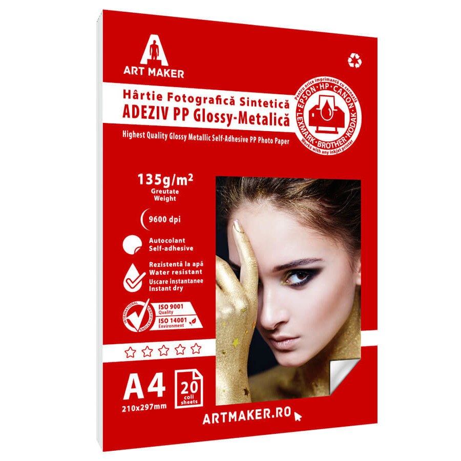 Hartie sintetica PP Autoadeziva Glossy-Metalic, A4, 20 coli, Waterproof