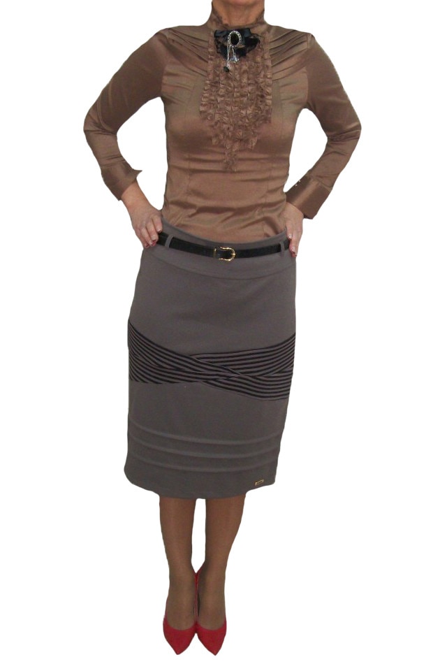 Fusta de zi, dreapta, design cu dungi, D&J Exclusive, Gri
