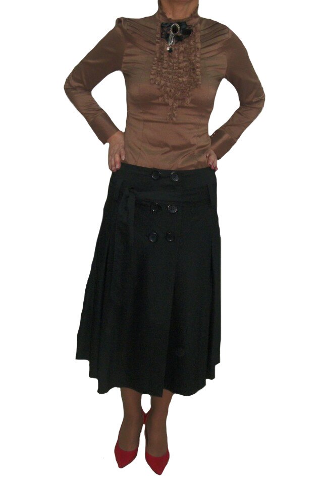 Fusta casual, evazata, in pliuri, D&J Exclusive, Negru