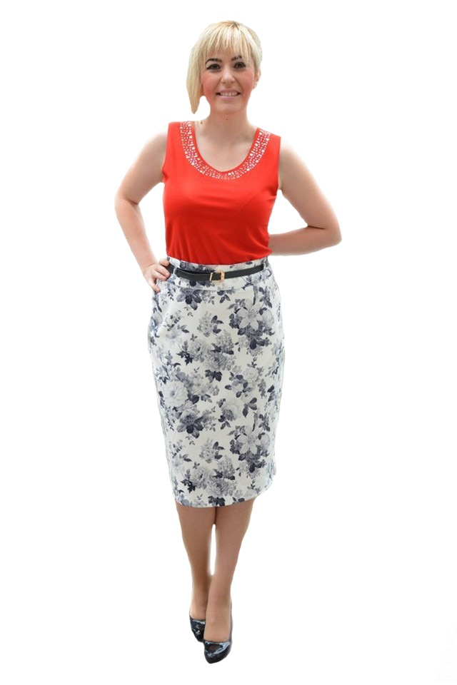 Fusta rafinata de vara, cu design floral, D&J Exclusive, Alb / Negru
