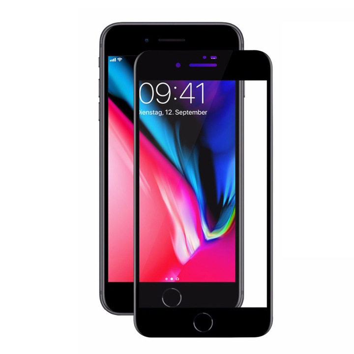 Joyshell, Szett: 2 x Apple iPhone 8 üvegfólia, teljes fedésű 3D képernyővédelem, teljes képernyős ragasztó (ragasztó a teljes felületen), fekete