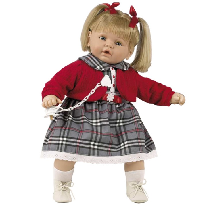 Papusa interactiva Ines in rochita ecosez si bolero rosu, 62 cm, Berbesa