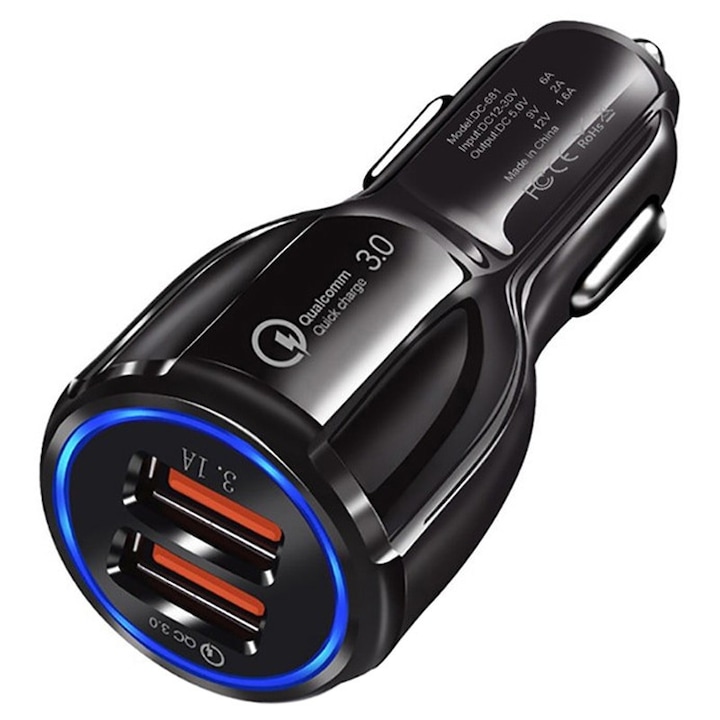Techstar® Qualcomm Quick Charge 3.0 autós töltő, 2 USB bemenet, 9 V, 2 A, fekete
