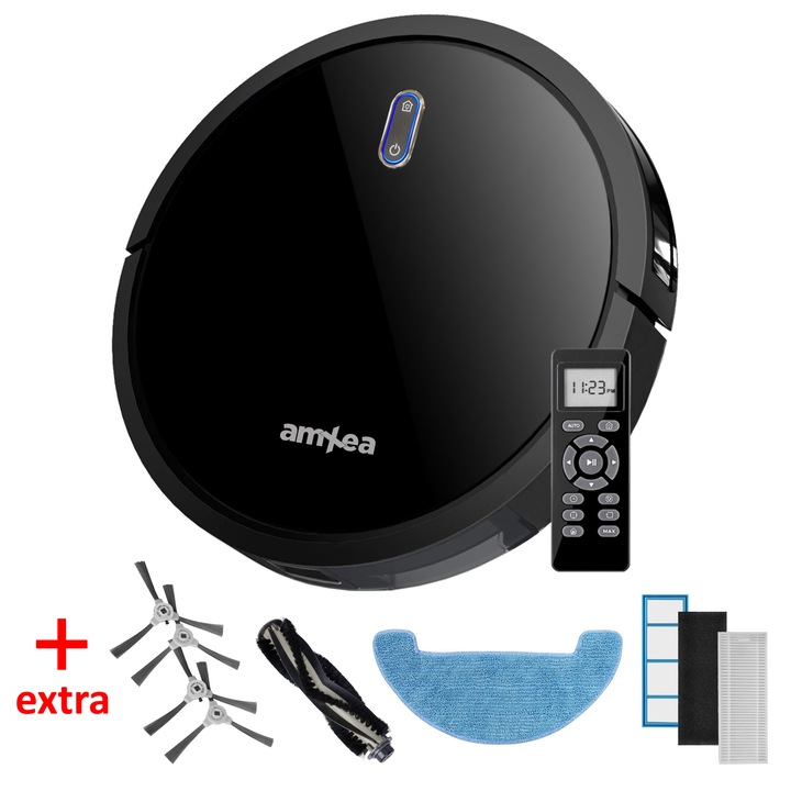 Пакет робот прахосмукачка amXea JIT-D360-B Черен, сухо и мокро почистване, основна V-образна четка, 2 странични четки, 5 режима на почистване, сензор против падане и против сблъскване, комплект аксесоари допълнителен