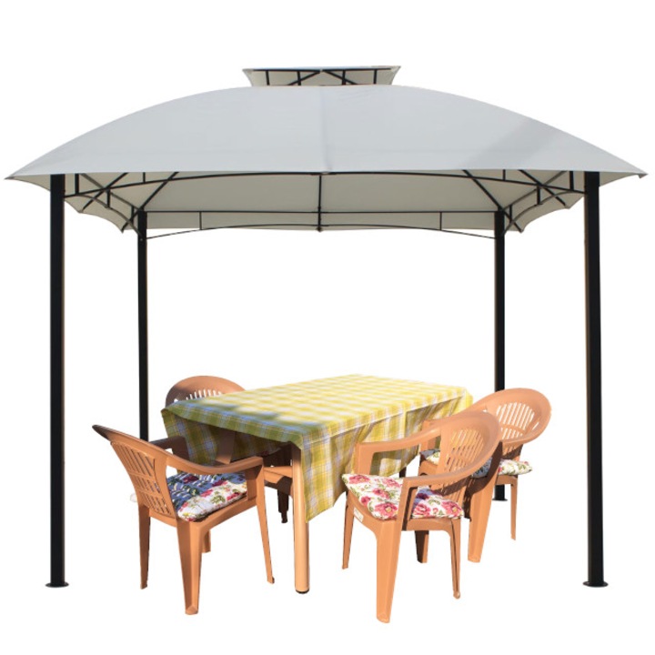 Culinaro sátor pavilon udvarra 3x3m acélváz tető bézs terített asztal szett asztal 4 székkel, 4 párnával, terítő