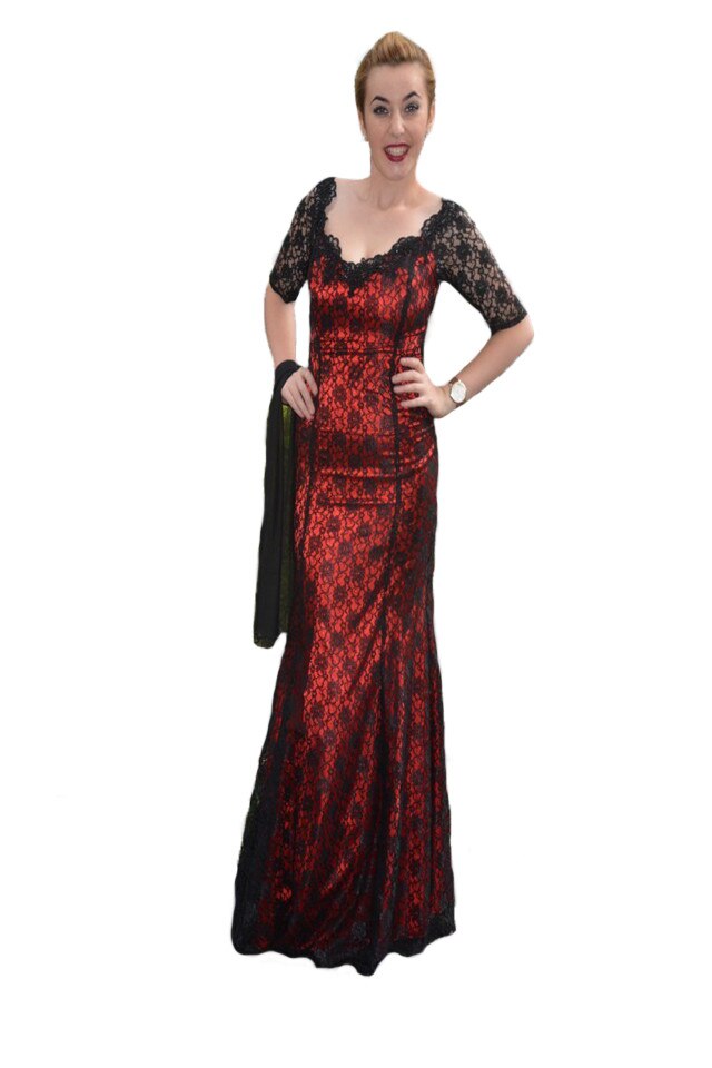 Rochie de ocazii, sofisticata, lunga, cu dantela neagra, D&J Exclusive, Rosu