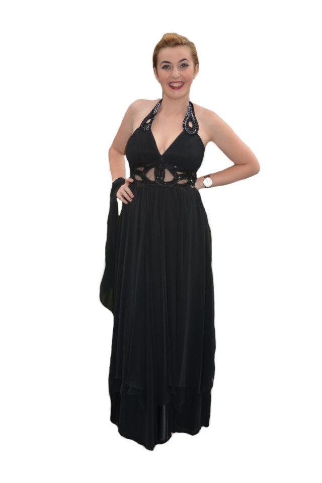 Rochie de seara, lunga, cu model realizat din margele negre, D&J Exclusive, Negru