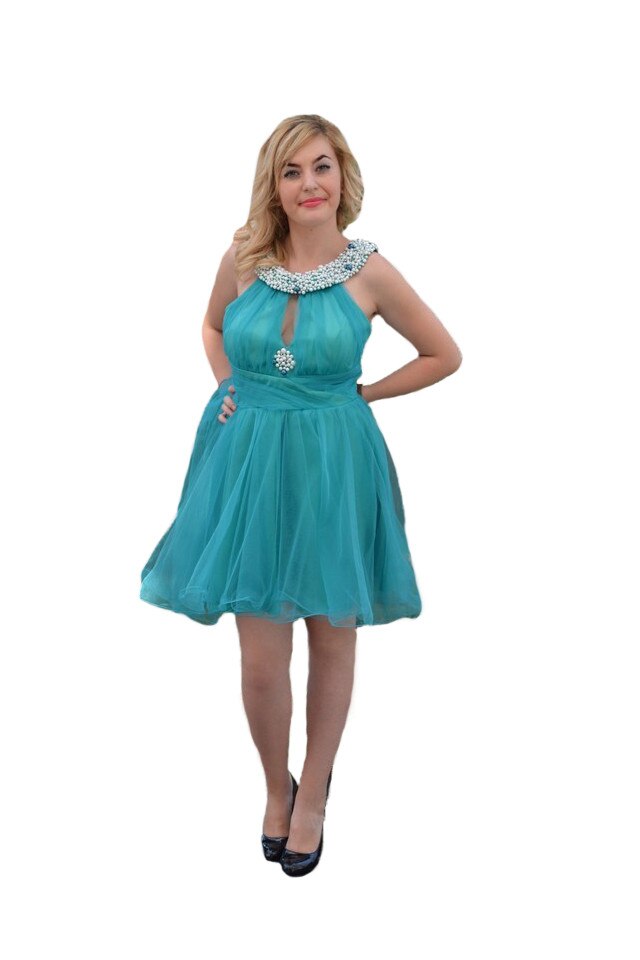Rochie de seara,scurta,insertii margele si straturi de tul,D&J Exclusive,, Turcoaz